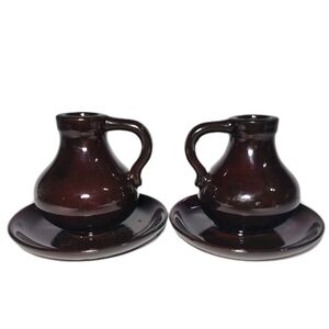 2 Vtg Redware Clay Pottery Candle Holder Set Candlestick Brown Glaze Japan